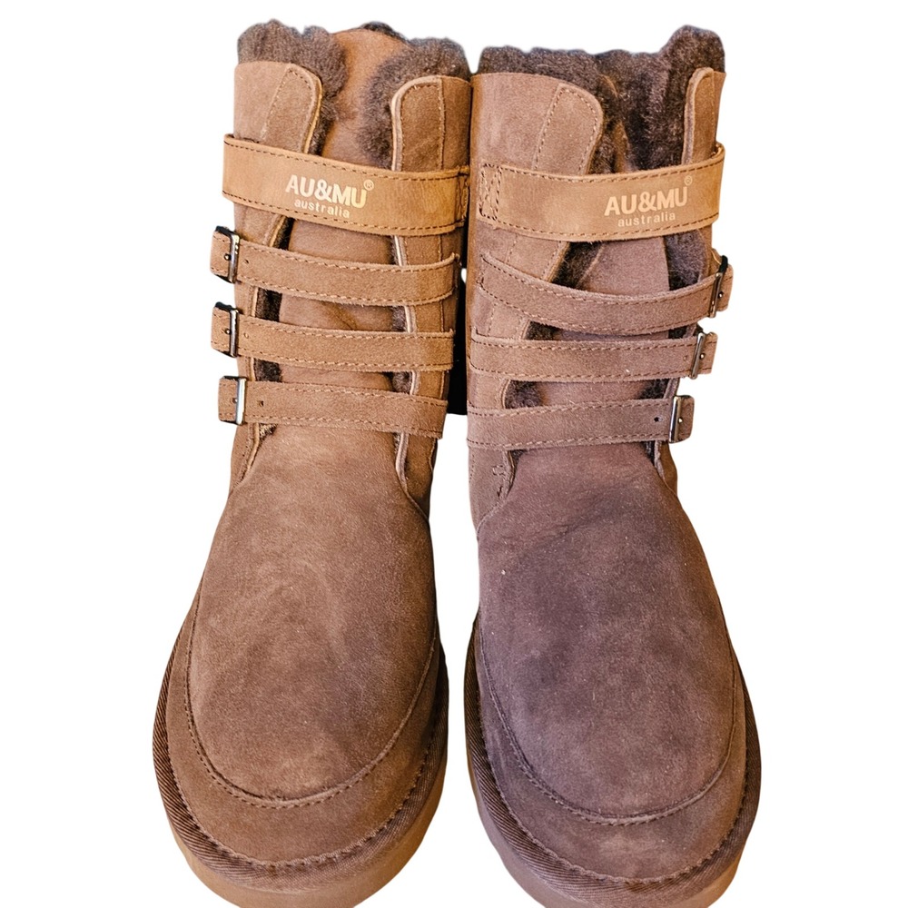 AU&MU Australia N310 Brown Suede Multi-Buckle Fur Lined Boots Women's Size 9